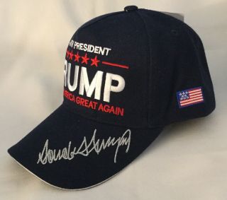 Trump Maga Blue Cap Hat Make America Great Again Usa Flag 45th President Signed
