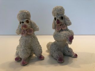 Set Of 2 Vtg Poodle Figurines With Pink Flower Collars Spaghetti Cond