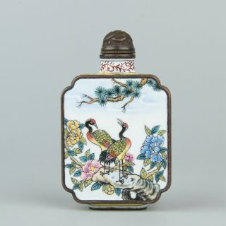 Chinese Exquisite Handmade Flower Bird Crane Copper Enamel Snuff Bottle
