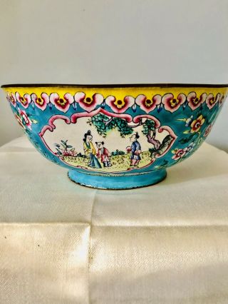 Antique Chinese Canton Enamel Scenic Panel Famille Bowl Large 7”x3.  5”