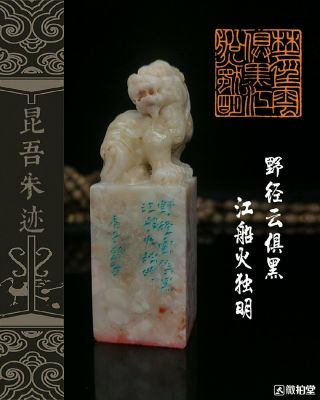 Chinese Stone Hand Carved Seal Stamp 野径云俱黑江船火独明