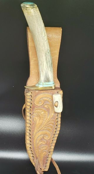 Vtg Carved Native American Indian Head Bowie Knife Antler Handle Turquoise Inlay