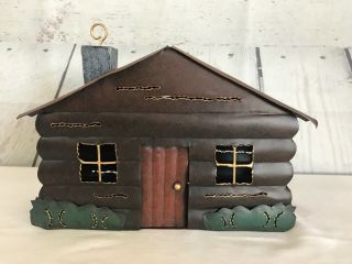 Rustic Tin Metal Log Cabin Trinket Box Decor 7 " X 9 " Hinged Roof Lid