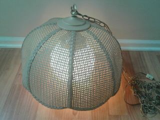 Vintage Retro Wicker Rattan Hanging Swag 18 " Lamp Light W/ Glass Globe Mcm