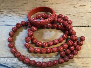 Art Deco Antique Chinese Cinnabar Lacquer Beads Necklaces/bracelet Deeply Carved