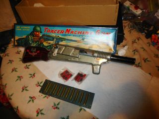 Nos Vintage Mechanical Tin Tracer Machine Gun Bullet Shooting Toy W Box 50s