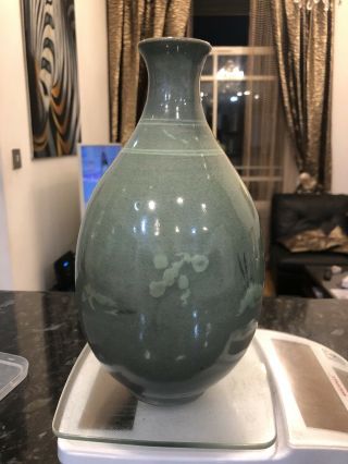 Antique C19th Or Earlier Korean Celadon Vase With Inlaid Stoneware Birds Flowers