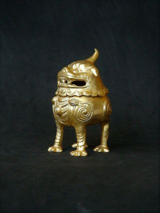 Vintage Japanese Chinese Gold Plated Bronze Foo Fu Dog Lion Beast Incense Burner