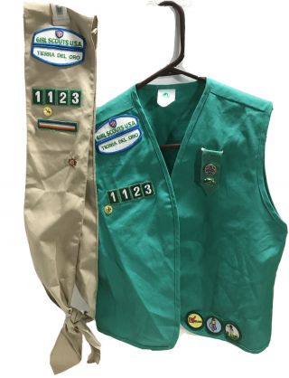 Girl Scout Junior Vest And Sash With About 20 Pins And Badges - Size Large