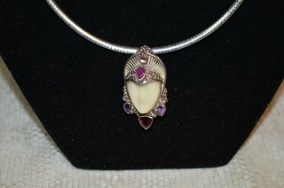 Vintage Sajen Sterling Silver And Gemstone Goddess Pendant Brooch W/ Omega Chain