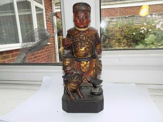 Antique Chinese Tibetan Lacquered Gilt Wood Figure Warrior & Tiger H 23.  25 Cm