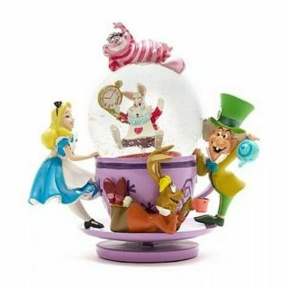 Disney Cheshire Cat Alice In Wonderland Spinning Mad Hatter Tea Cup Snow Globe