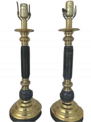 Vintage Mid Century Gray Marble / Brass Pair Table Lamps