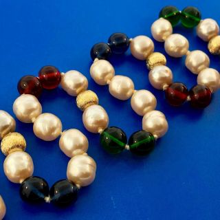 Vintage Runway Gold Tone Red Blue Green Glass Bead Faux Pearl Statement Necklace