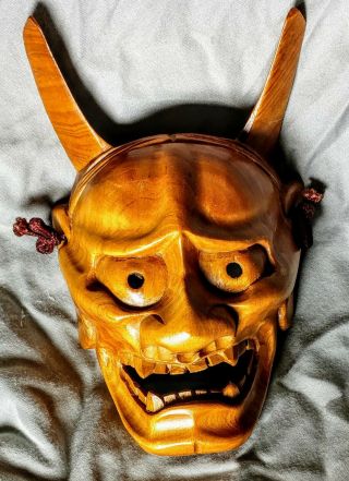 Vintage Japanese Hand Carving Wood Mask Horned Evil Demon Noh Hannya Oni Mask