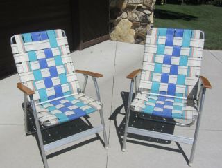 2 Vtg Aluminum Webbed Folding Lawn Chair Webbing Patio High Back Wood Arms
