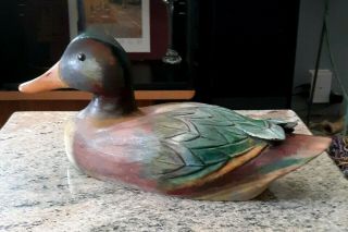 Vintage Hand Carved Wood Duck Decoy Figure - Signed