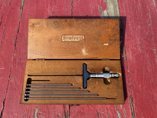 Vintage Starrett No.  445 Micrometer Depth Gage In Wooden Case Usa
