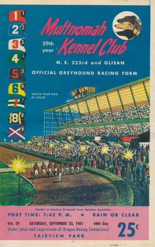 Sept 23 1961 Multnomah Kennel Club Greyhound Racing Form Dog Portland,  Or