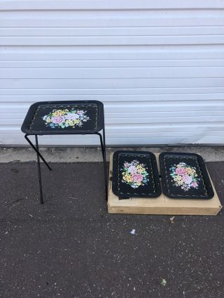 Vintage Mid Century Modern Dinner Tv Trays Stand Set 3 Black With Flowers Nos