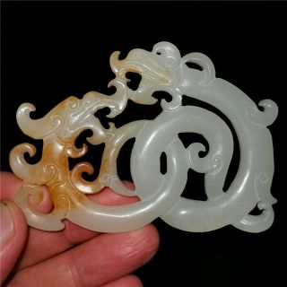 Chinese Hetian White Jade Jadeite Hand - Carved Statue Pendant Necklace Two Dragon