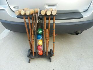 Vintage Wooden Croquet Set With Standing Caddy 6 Players Complete