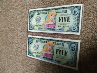 Disney Dollars 2007 Series Uncirculated Aurora Five 5 Dollar Bills 2x