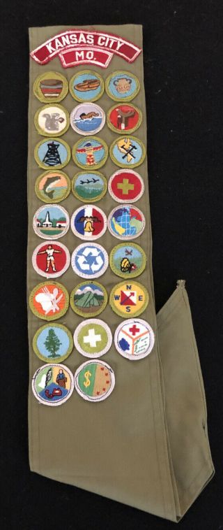Boy Scout Merit Badge Sash,  26 Merit Badges Plus Rank Badges; 1990’s Vintage