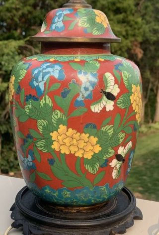 Antique Chinese Enameled Cloisonne Butterfly Ginger Jar Lamp
