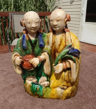 Antique Chinese Sancai Glazed Pottery Hoho Twins Early Qing Kangxi Period