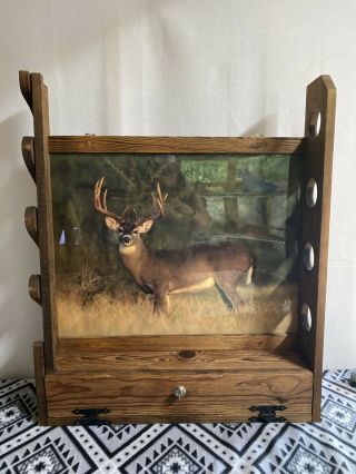 Vintage Hand Made 4 Gun Rack Deer Buck Hunting Wooden Cabinet With Drawer & Key