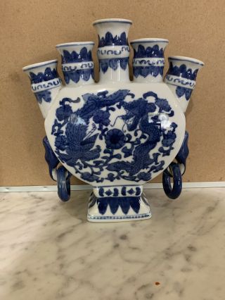 Chinese Porcelain Tulip Vase - Five Spouts,  Decorated Blue & White,  Dragon