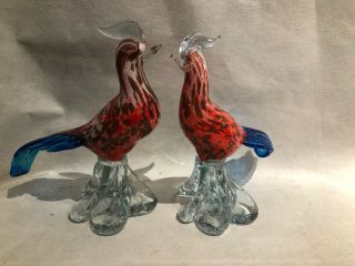 Vintage Pair Murano Glass Birds Pheasants Blue Tail Red & Gold Fleck Clear Base