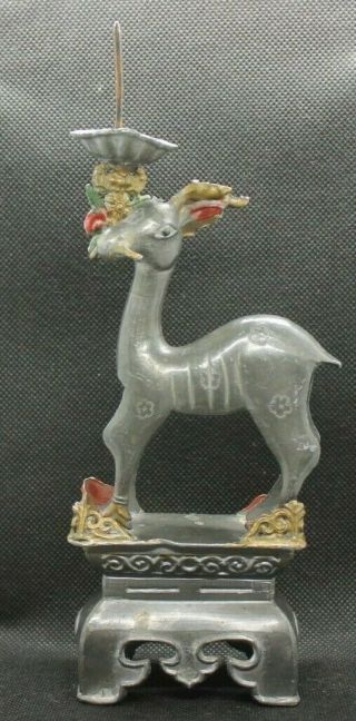 Old Antique Chinese Pewter Deer Candlestick Statue Marked On Bottom