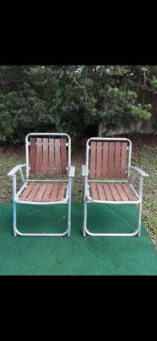 Pair Vintage Folding Lawn Chairs Aluminum Frame Redwood Slat