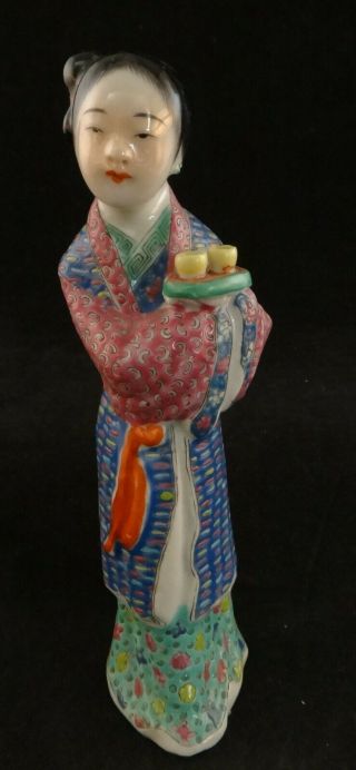 Antique Chinese Enameled Porcelain Figure Of A Woman,  7” T.  Marked China