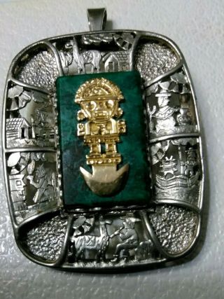 Vtg Lrg Peru Arte Orfebre 925 Sterling & 18k Gold Tumi Chrysocolla Pin Pendant