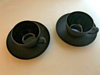 Wedgwood Vintage Black Basalt Jasperware Cups & Saucers Set Of 2 Made In England