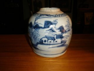 Qing Dynasty Canton Chinese Blue And White Hand Painted Stoneware Ginger Jar