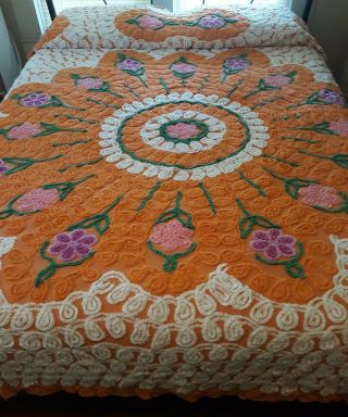Vintage Orange Chenille Bedspread 100 " X 88 "