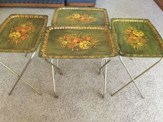 Set Of 4 Vintage Folding Tv Trays Floral Tables With Stands