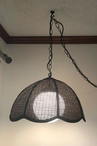 Vintage Retro Wicker Rattan Hanging Swag Lamp Light W/ Glass Globe Mcm