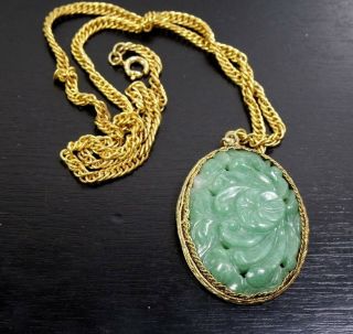Vintage Chinese Export Carved Floral Green Jade Stone Pendant Chain Necklace