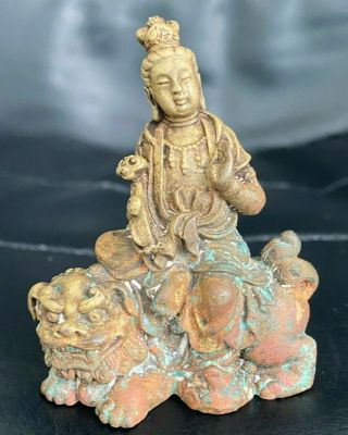Antique Chinese Bronze Guanyin Seated On Foo Dog Mythical Creature Scroll Weight
