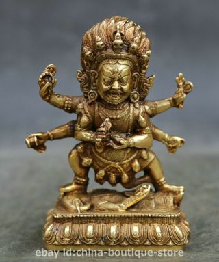 4.  7 " Tibet Tibetan Buddhism Brass Six Arms Mahakala Wrathful Deity Stand Statue