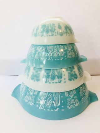 Vintage Pyrex Turquoise Blue Amish Butterprint Set Of 4 Cinderella Bowls 441 - 444