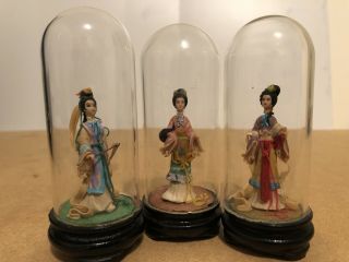 6 Japanese Geisha in Glass Dome w/ Wood Stand Display 3
