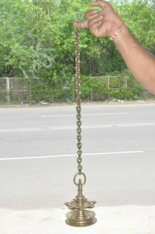 Old Brass Handcrafted Flower Shape Hanging Oil Lamp With Chain