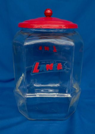 Vintage 8 Sided Lance Cracker Store Counter Glass Jar W/red Metal Lid 11.  5 " High