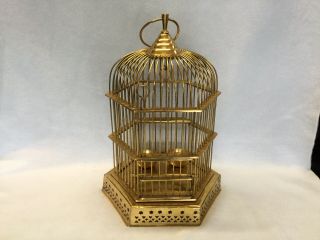 Brass Vintage Bird Cage Swinging Perch And Feeders And Cage Door.